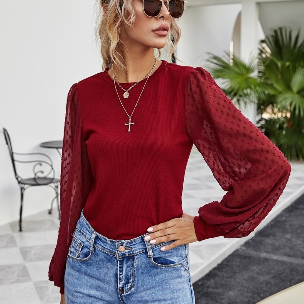 polka dot sheer balloon long sleeve top BLack - Picture 6 of 13